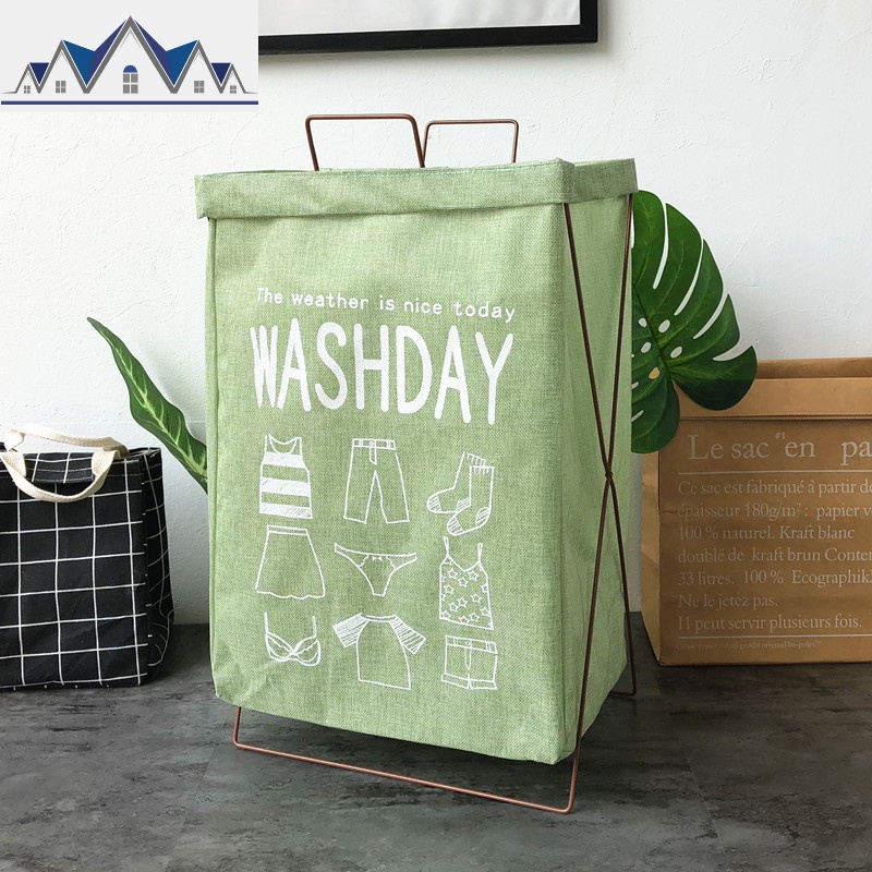 可折叠收纳筐手提脏衣篮支架 防水超大号脏衣篮脏衣篓玩具储物箱 三维工匠收纳篮 仿麻绿衣服图铁架