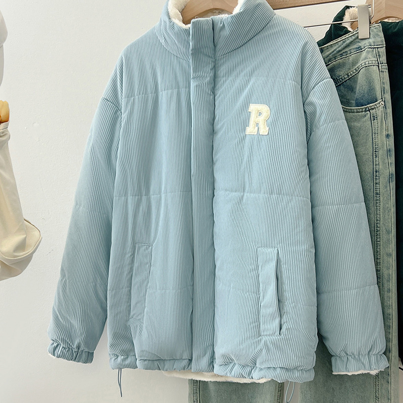 双面穿羊羔毛棉服女冬季灯芯绒棉衣潮流百搭加绒加厚保暖棉袄外套_672723 浅蓝色 XL