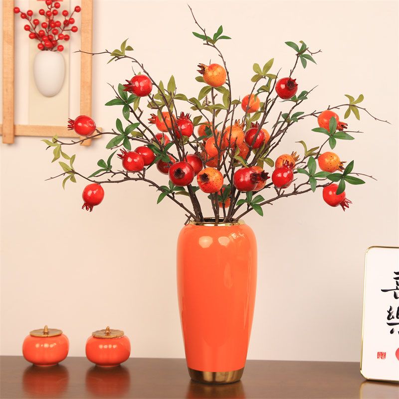 维诺亚仿真花假花摆设石榴花摆件柿子果树枝干花客厅玄关餐桌花艺装饰花高清大图