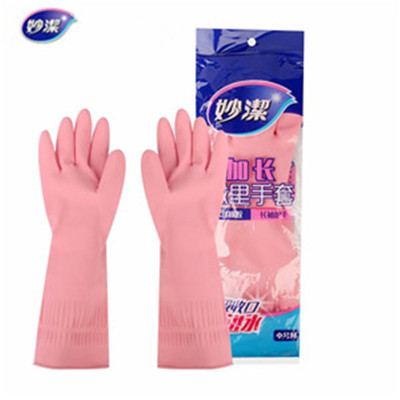 妙洁(MIAOJIE) 手套 绒里手套 加长型中号 天然橡胶材质 2段式收口设计 长袖护手 家务手套