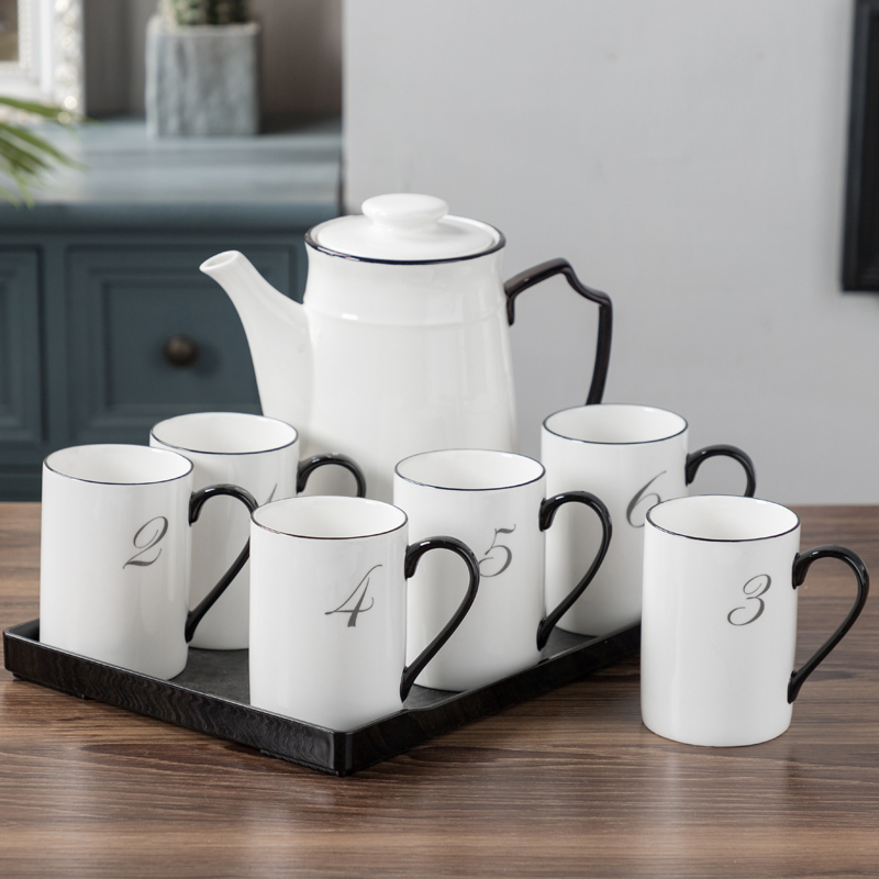欧式水具套装家用客厅冷水壶陶瓷大容量简约黑白茶杯耐用高温 6个数字杯+黑托盘+壶