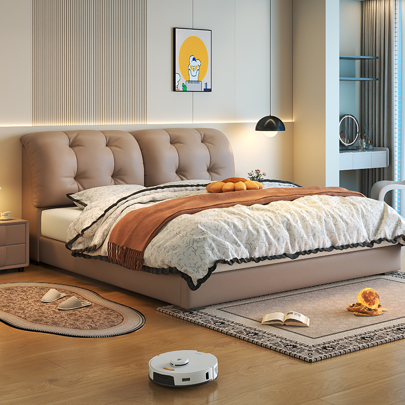 意式极简真皮床轻奢家用高级感主卧室带储物软包大床网红泡芙婚床高清大图