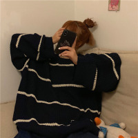SUNTEK宽松圆领针织衫秋冬条纹慵懒风毛衣女套头打底衫大码外穿毛线上衣毛衣