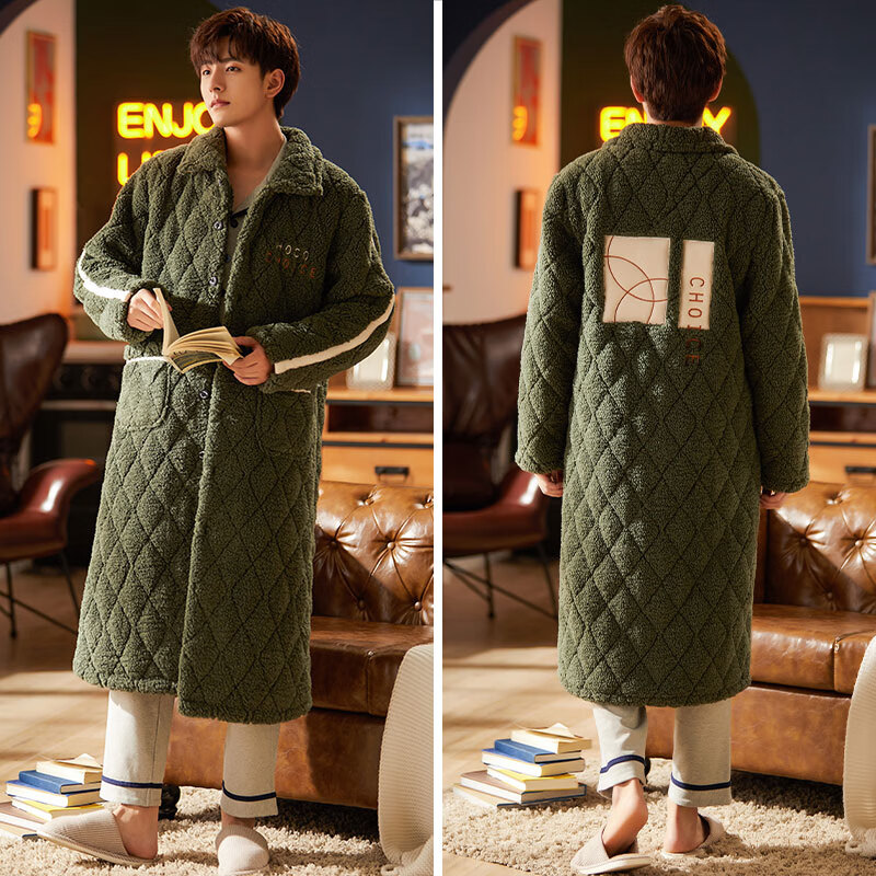 浪莎睡衣男士冬季夹棉绒袍加厚保暖翻领睡袍时尚肤加长加绒家居服 复古绿夹棉绒袍 XL