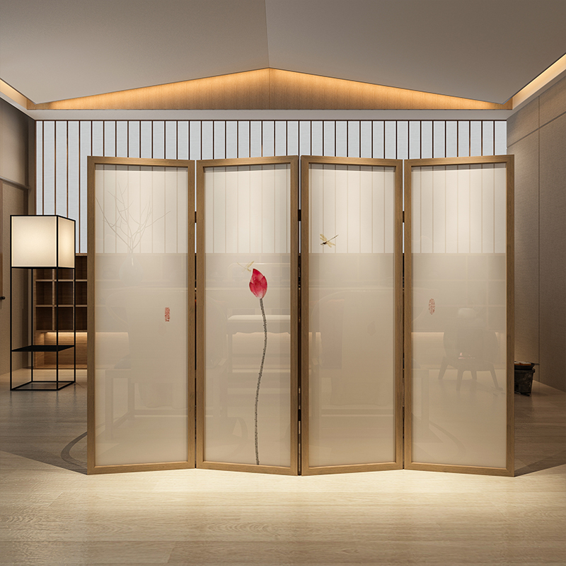BONJEAN新中式屏风折屏折叠隔断装饰客厅卧室可移动素雅荷花进遮挡玄关高清大图