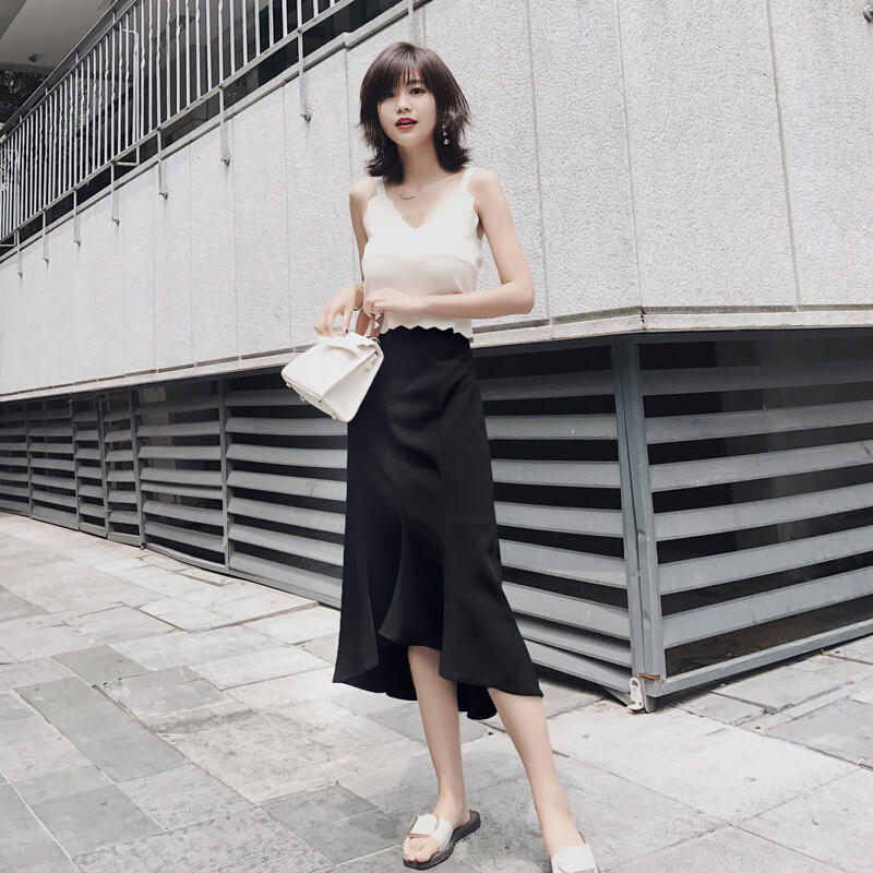 不规则燕尾裙前短后长裙子鱼尾裙中长款高腰半身裙女夏绿色包臀裙