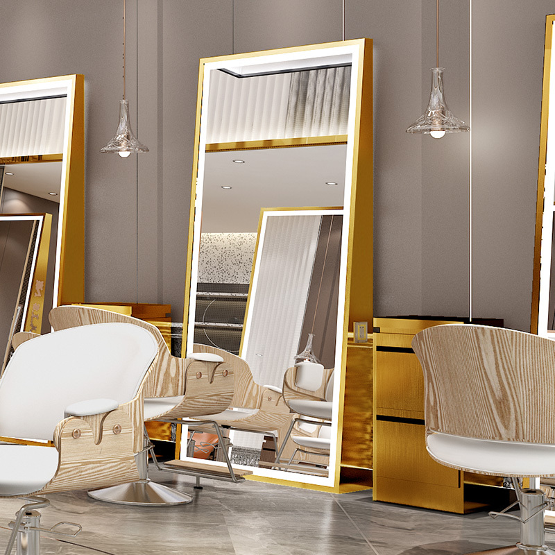 美发镜台轻奢北欧理发店镜子美发店剪发闪电客镜子带灯发廊专用落地