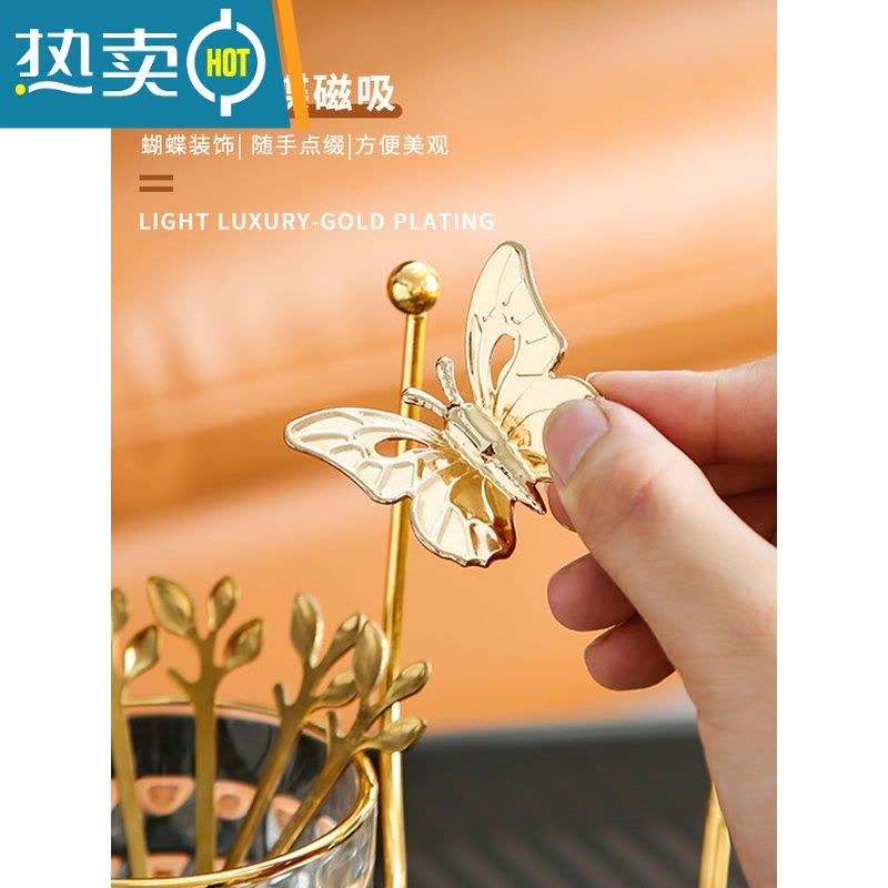 敬平北欧轻奢不锈钢水果叉套装家用网红蛋糕叉子创意收纳罐水果签 蝴蝶罐+6支树叶勺图片