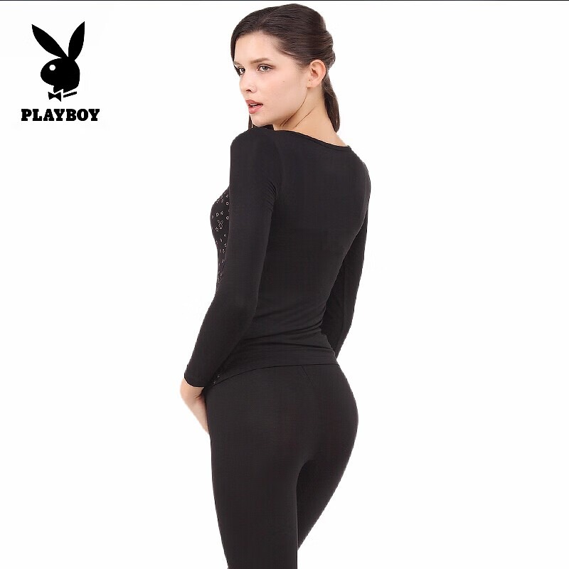 【断码清仓】花花公子女士秋衣秋裤套装修身圆领打底衬衣女黑色高清大图