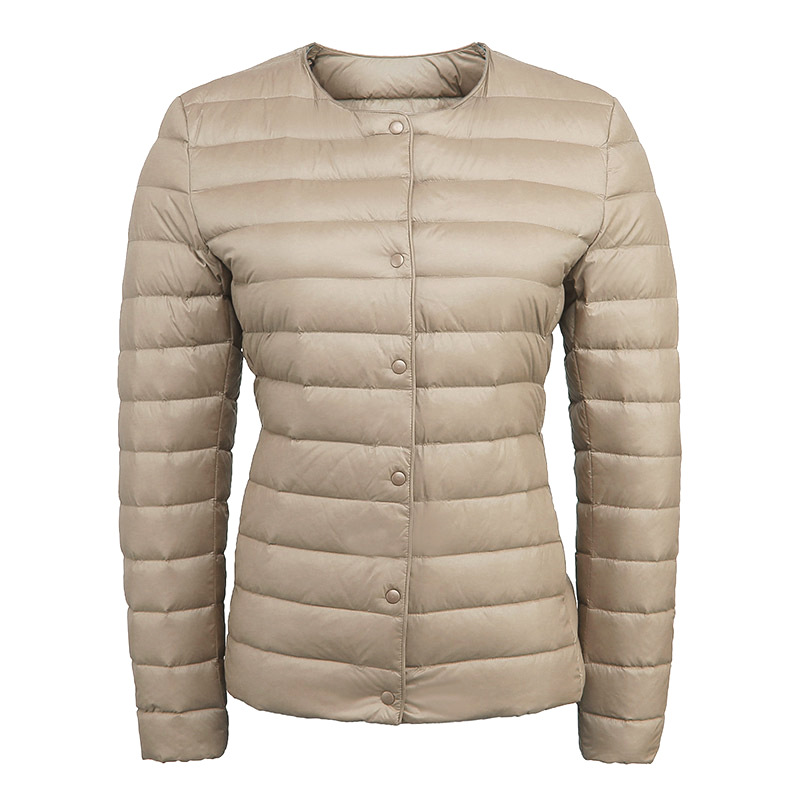 90绒新国标女式女装圆领V领长袖内胆纯色羽绒服简约外套 卡其色 L