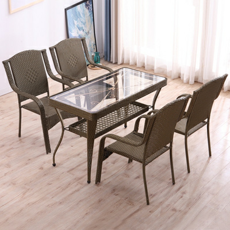 三金鑫 藤桌椅阳台桌椅藤椅现代简约休闲户外椅子茶几组合靠背椅 长方形一桌四椅（古铜色）