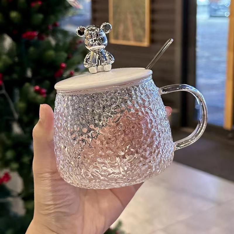 锤纹小熊玻璃杯咖啡杯 杯子+盖+勺整套 2套起发-全套（杯子+盖子+勺子）|400ml