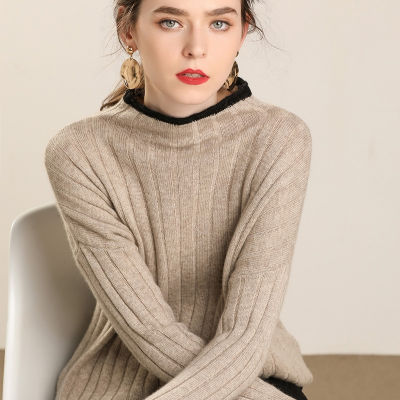 秋冬新款韩版时装条纹山羊绒单口袋宽松显瘦加厚毛衣女半高针