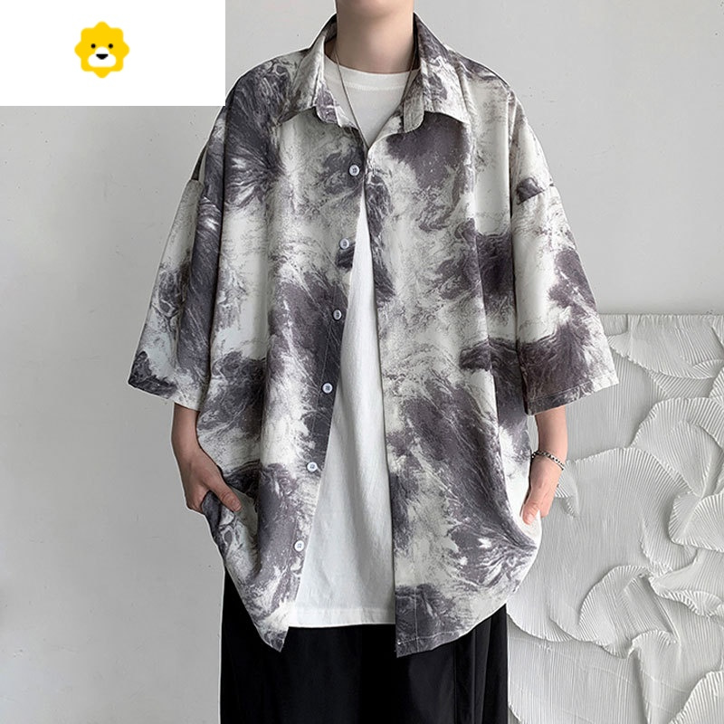 fish basket胖子冰丝半袖衬衫男大码新款季痞帅短袖花衬衣宽松潮流五