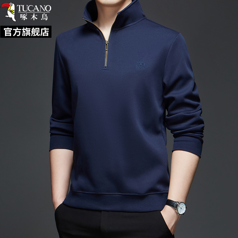 啄木鸟半拉炼纯棉休闲上衣男秋冬季新款宽松长袖上衣中年内搭打底衫衣高清大图