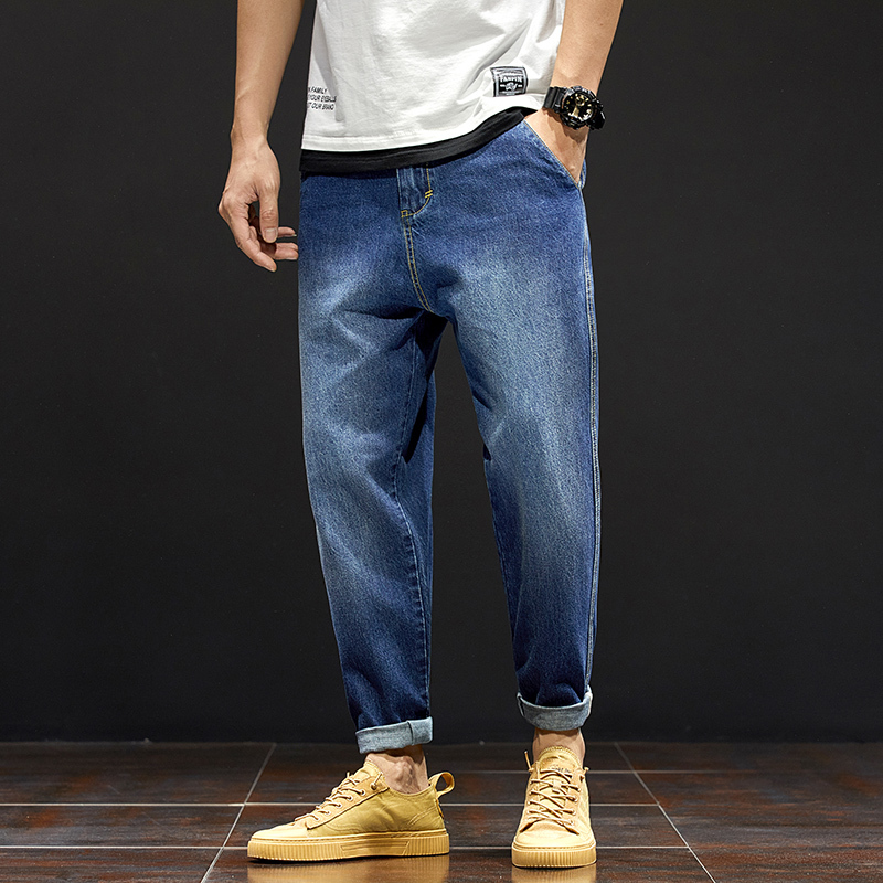 裤男宽松直筒夏季潮流浅色加大码水洗复古锥形萝卜裤九分裤男牛仔裤