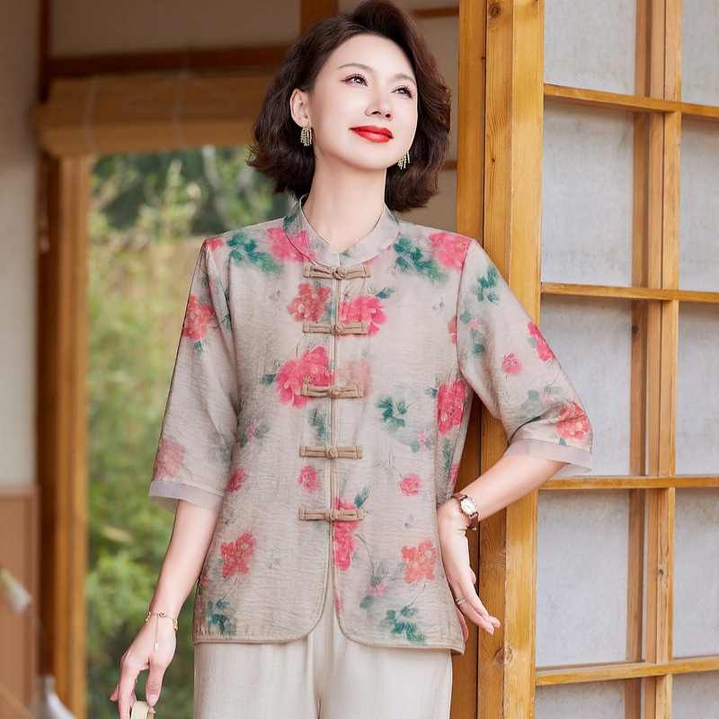 纤孜雅 新中式妈妈夏装薄款开衫2025新款中年洋气时尚百塔上衣裤子两件套高清大图