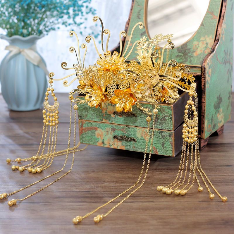 秀禾新娘古装头饰步摇流苏套装中式婚礼旗袍秀禾服古风凤冠发饰女d