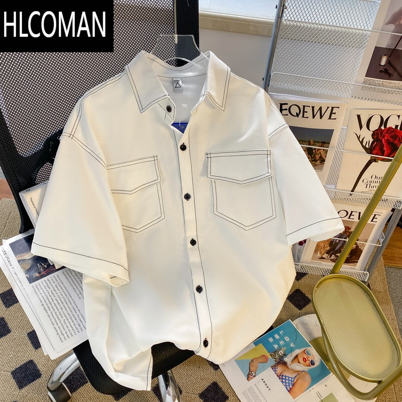 HLCOMAN日系复古短袖衬衫男女夏季2025年新款小众设计感休闲半袖纽扣衬衣