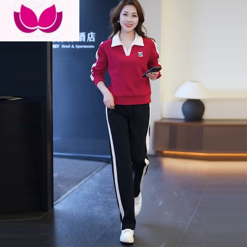 七斓polo领休闲运动服套装女2023新款时尚减龄卫衣阔腿裤套 酒红色 XXL121-135斤