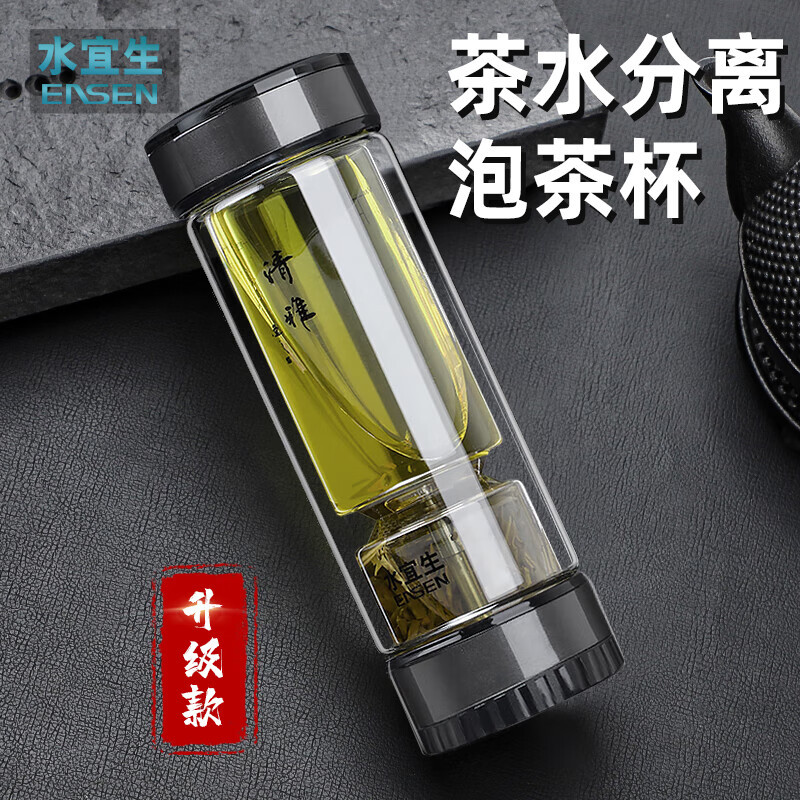 水宜生 370ML茶水分离杯 2025男士便携商务送人礼盒弱碱杯 双层玻璃泡茶杯G809高清大图
