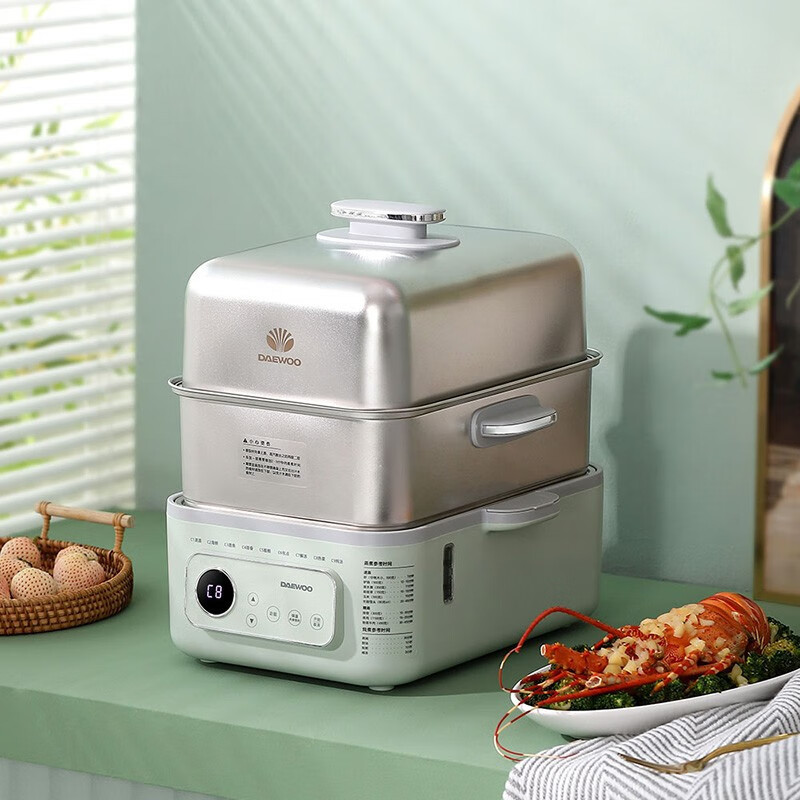 大宇DAEWOO 1500W双层容量14.5L可拆卸多功能电蒸锅 莫兰迪绿 DYZG-1568高清大图