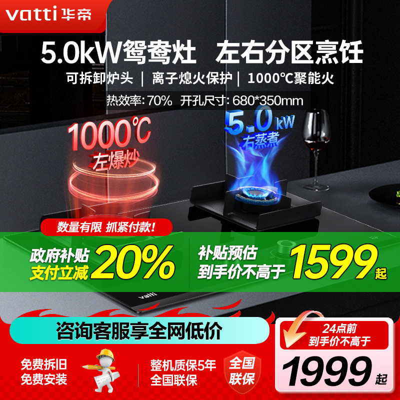 华帝(VATTI)5.0kW燃气灶i10062B 家用钢化玻璃鸳鸯灶双灶具 分区烹饪 天然气
