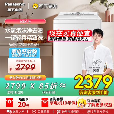 松下波轮洗衣机全自动10kg白月光不弯腰4.0轻享版 智能桶自洁内衣洗衣机 XQB100-U1F1