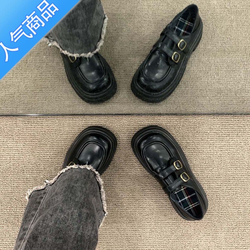 SUNTEK厚底小皮鞋女春秋2023新款黑色法式玛丽珍单鞋英伦大头百搭乐福鞋图片