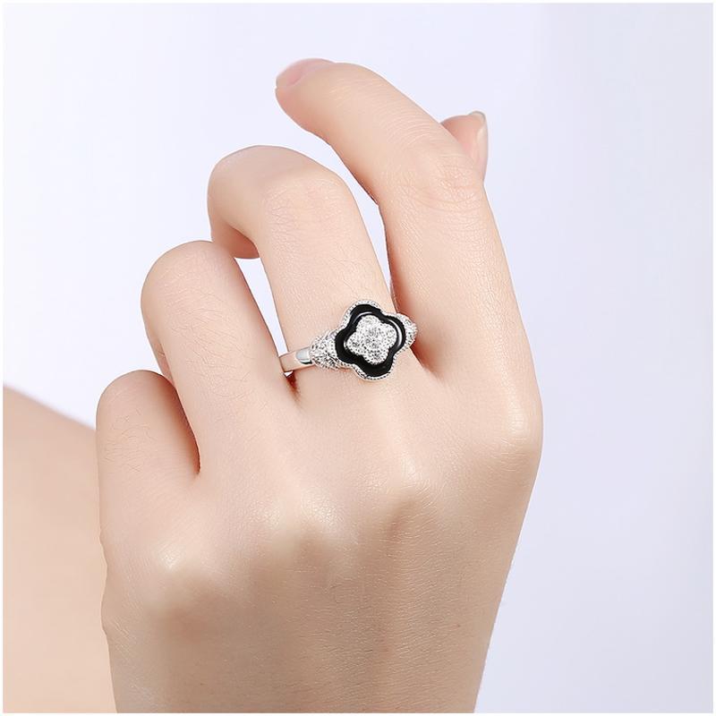 R843Women Silver Rings黑色滴油水晶戒指日韩指环四叶戒子女生送女朋友七夕情人节礼物