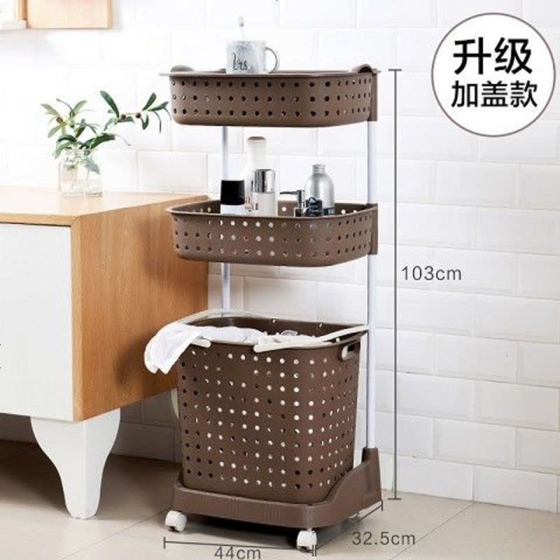 日式脏衣篮塑料洗衣篮手提篮大号装脏衣服收纳筐脏衣桶脏衣篓带轮 三层咖啡色升级款(带盖子)图片