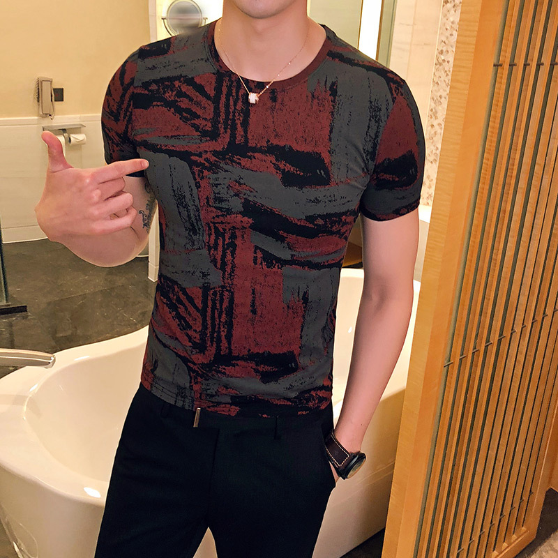 春夏季个性涂鸦印花圆领修身男士短袖t恤潮男帅气半袖体恤小衫男