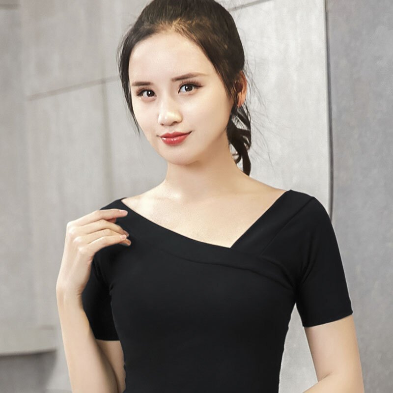 夏低领短袖T恤女修身棉斜肩V领紧身前后大领打底衫交叉露背上衣