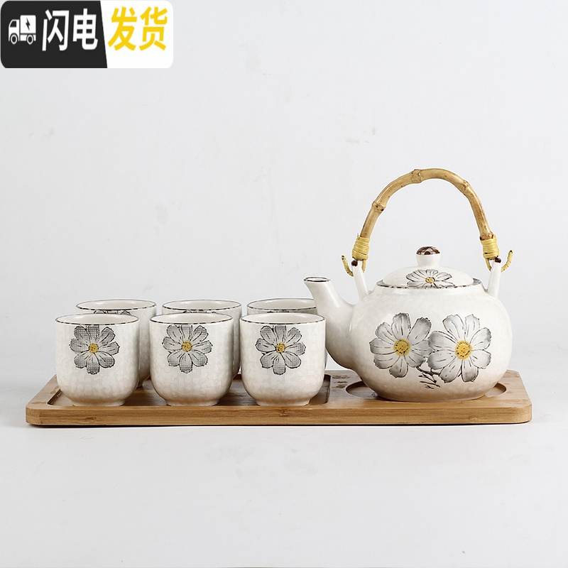 三维工匠日式家用陶瓷提梁壶功夫茶具茶杯套装简约结婚庆乔迁创意送礼 格桑茶具灰色带木盘高清大图