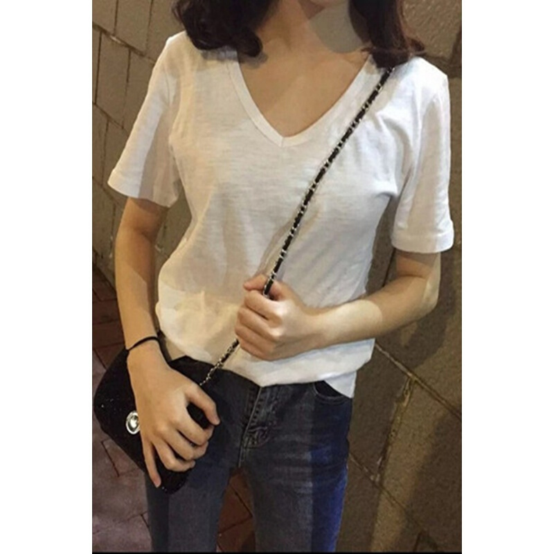 棉白T恤女短袖夏季宽松棉半袖V领打底衫