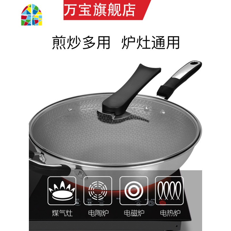 锅304不锈钢炒锅家用无涂层无油烟电磁炉通用炒菜锅 FENGHOU 蜂窝不锈钢锅A外径32CM无盖高清大图