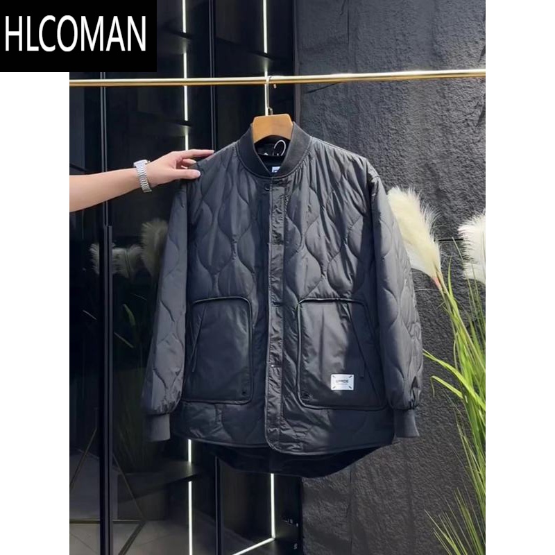 HLCOMAN冬季立领轻薄棒球棉服男青年网格休闲百搭短款上衣纯色加厚棉衣潮 4XL200-220斤 黑色