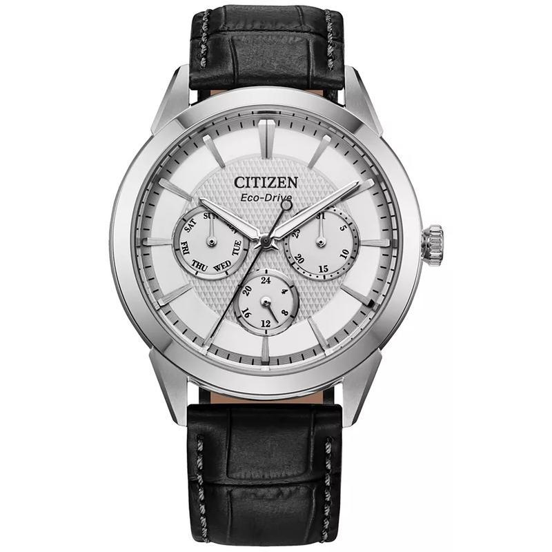 西铁城(CITIZEN)光动能男士复古风格石英手表40mm防水商务休闲多功能不锈钢表壳灰皮带
