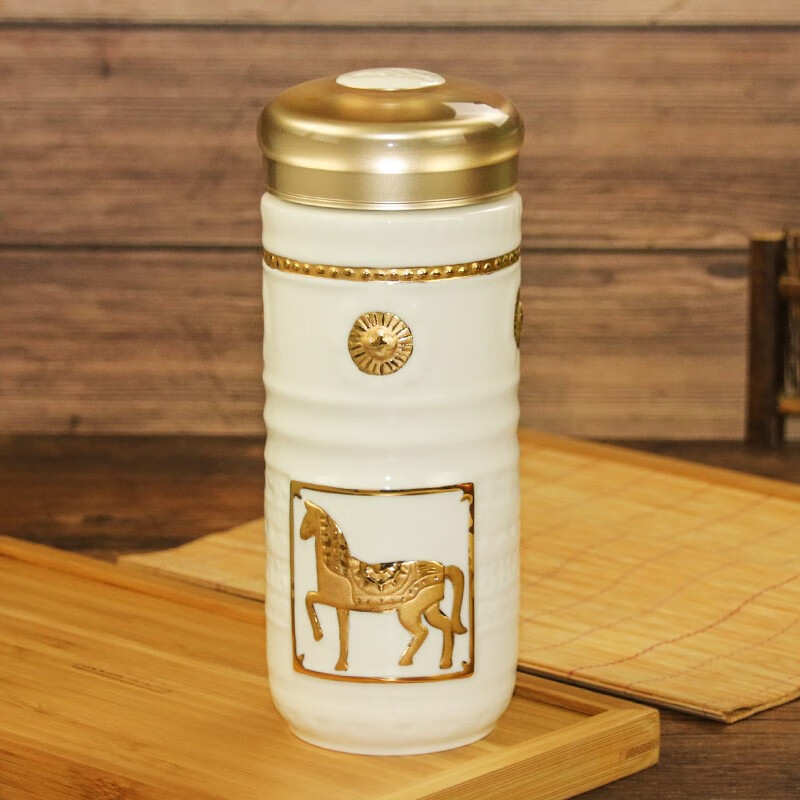 乾唐轩 正品活瓷杯 皇家骏马随身杯双层陶瓷泡茶水杯商务礼品杯 白+鎏金