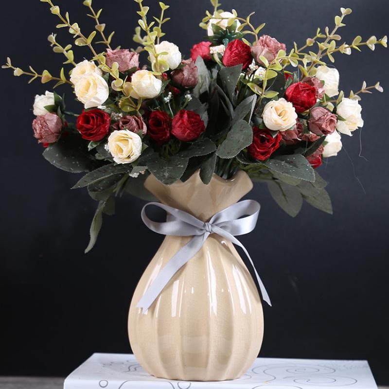 简约陶瓷波浪口花瓶小清新干花花器客厅桌面卧室插花家居装饰摆件 三维工匠 米黄冰裂纹大号+3束贵族香槟