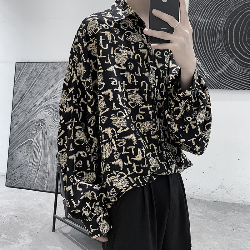 SUNTEK衬衫男韩版长袖衬衣潮男痞帅套装黑暗系男装一套搭配潮流帅气炸街衬衫高清大图