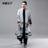 举翼王子春秋长衫男中国风棉麻男遮阳衫雪纺假两件中式盘扣国风长袍 XXL 黑色
