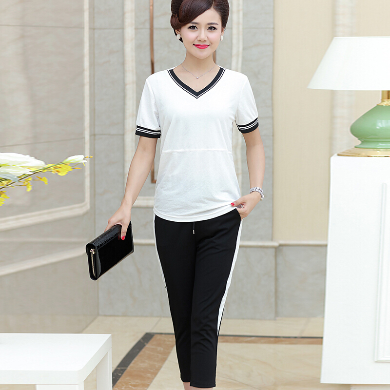 中老年女装夏装短袖套装40岁50妈妈装v领半袖上衣运动两件棉夏