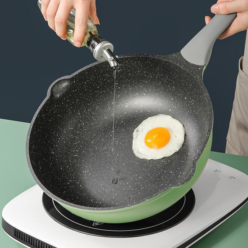 [新品]炊大皇麦饭石色不粘锅无烟炒锅不沾炒菜锅家用锅具燃气电磁炉通用 竹青石炒锅30CM(适合1-3人使用)高清大图