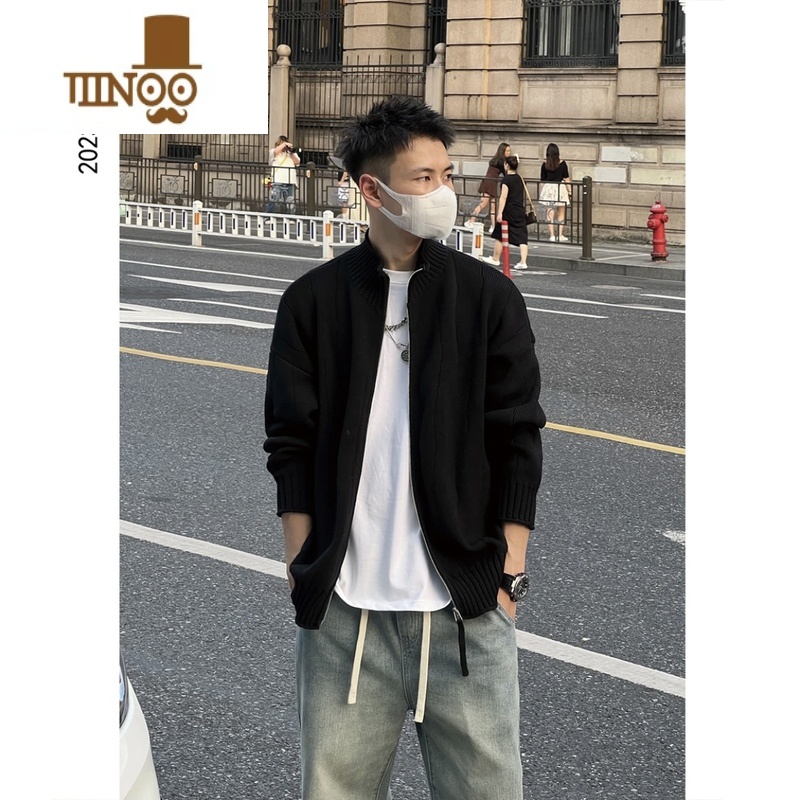 YANXU新款港风慵懒简约休闲针织毛衣男潮流纯色宽松百搭开衫外套高清大图