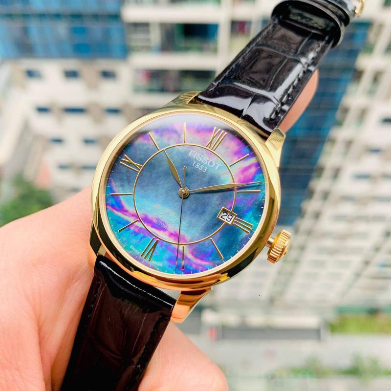 天梭tissot钻石珍珠母贝表盘彩绘泼墨盘机械表男女情侣款手表时尚百搭