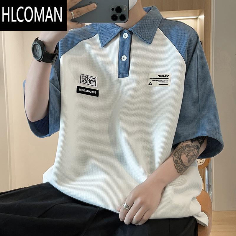 HLCOMAN夏季翻领拼色短袖polo衫男休闲百搭日系潮牌韩版潮流学生宽松T恤
