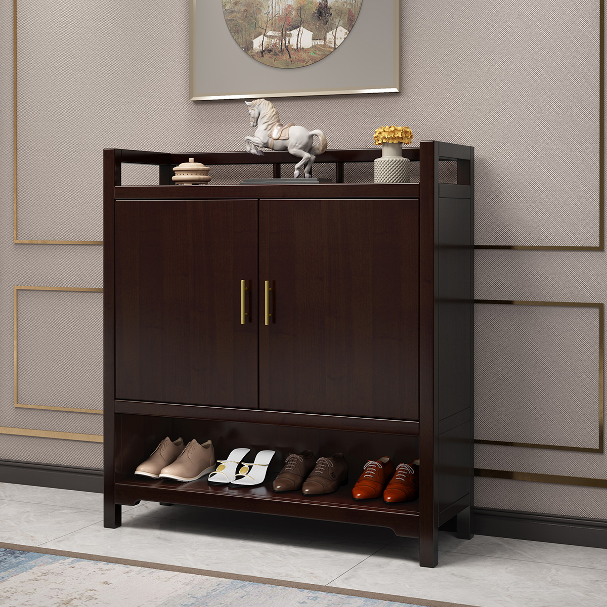月影梳桐新中式实木鞋柜大容量家用多功能双开门玄关柜现代风格进门柜