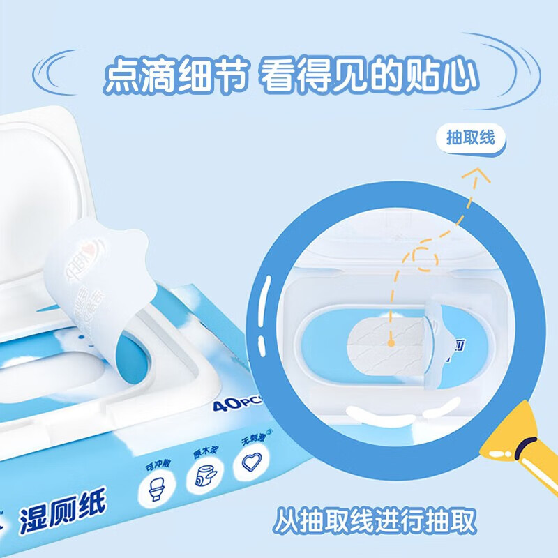心相印湿厕纸卫生湿巾厕后湿巾清洁杀菌湿手纸卫生厕巾洁厕湿巾可冲马桶 家庭装40抽*10包[整箱]XCY040+P1高清大图