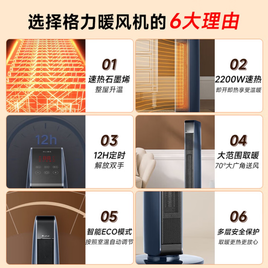 格力(GREE)取暖器暖风机电暖风速热立式电暖气WiFi电暖器大面积烤火炉石墨烯速热语音操控款 NTFG-X7022B